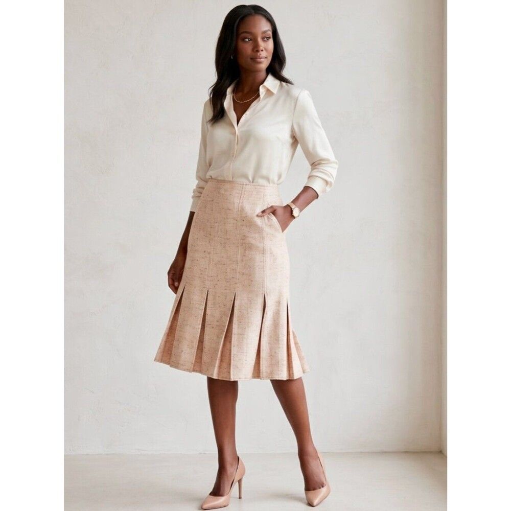 NWT Elie Tahari Pigalle Pleated Silk Tweed Midi Skirt Womens 8P Peach Apricot